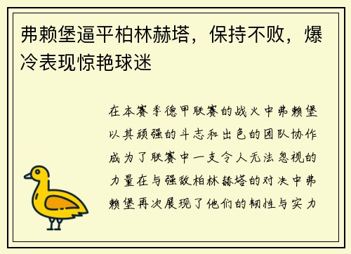 弗赖堡逼平柏林赫塔，保持不败，爆冷表现惊艳球迷