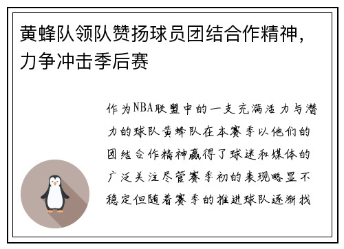 黄蜂队领队赞扬球员团结合作精神，力争冲击季后赛